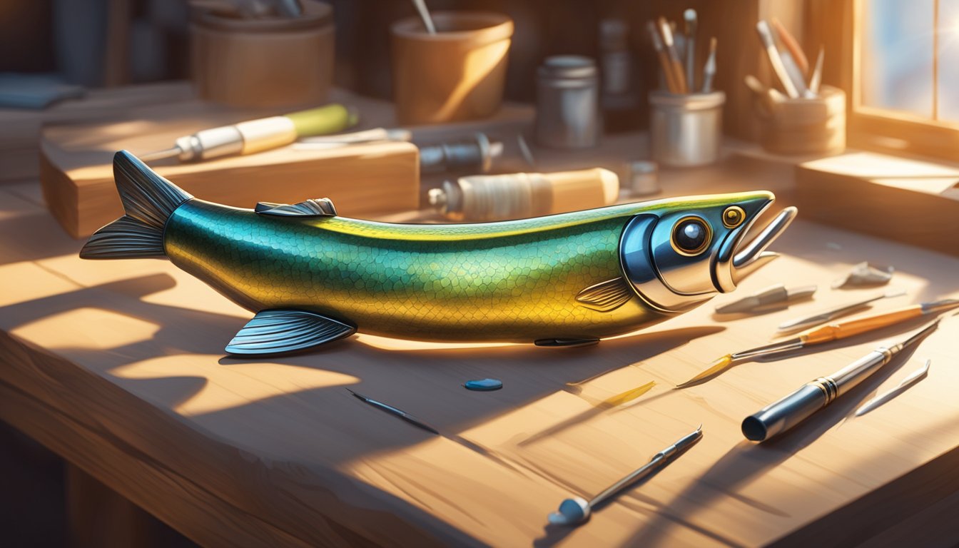 A wooden fishing lure takes shape on a workbench, with tools and paint nearby. The sun streams through a window, casting a warm glow on the scene