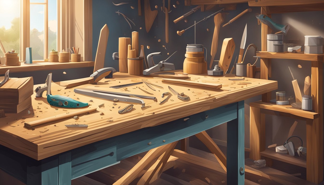 A workbench with wood, carving tools, and fishing hooks. Sawdust scattered around. Bright light illuminates the workspace