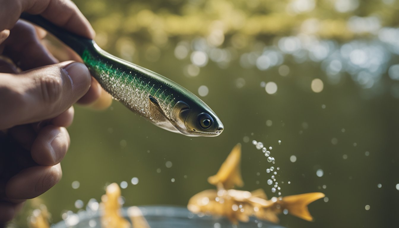 A hand reaches for a dirty fishing lure. A sink filled with soapy water and a scrub brush sit nearby. The hand begins to clean the lure, removing dirt and debris