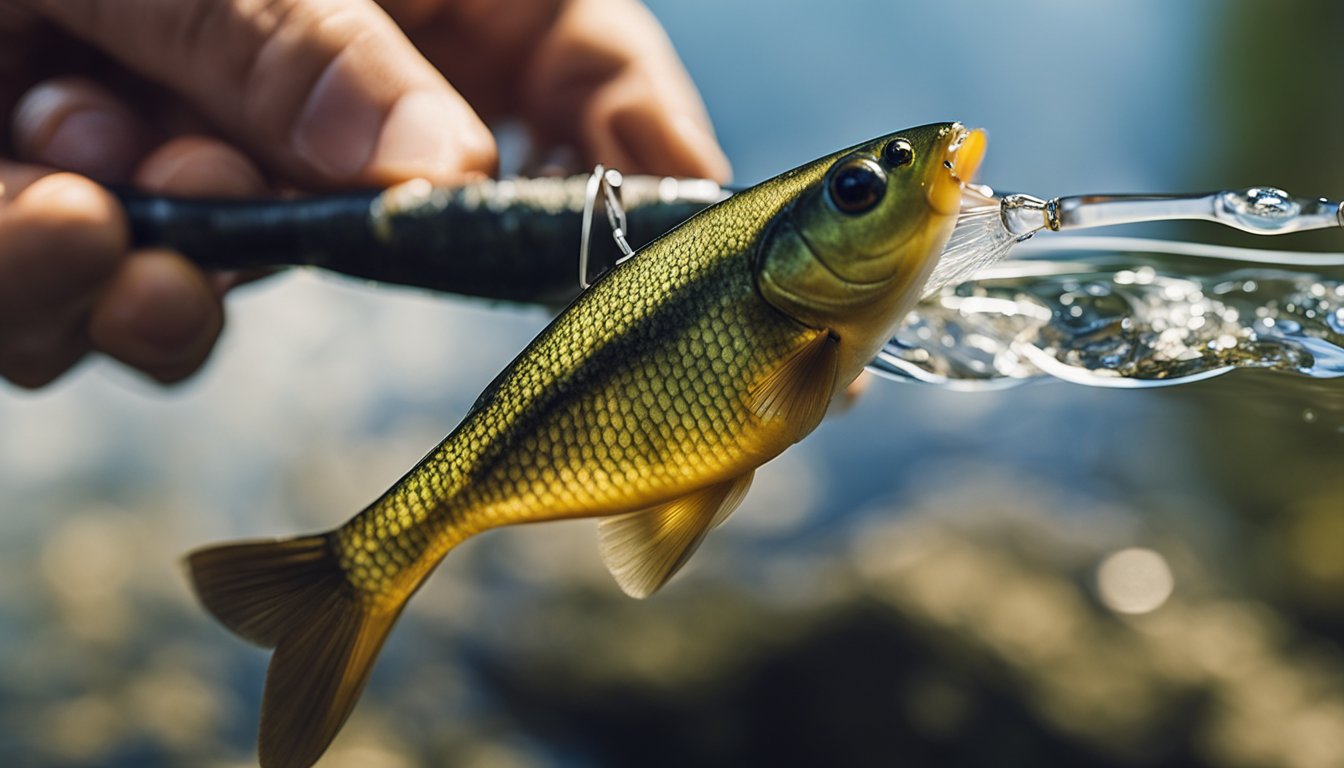 A hand dips a dirty fishing lure into soapy water, scrubbing it with a brush, then rinsing it under a stream of clean water. Finally, the lure is dried with a towel before being neatly stored