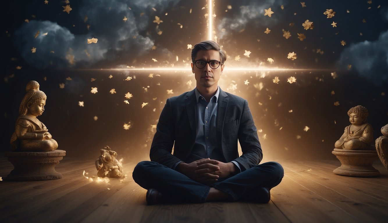 A person sits cross-legged, surrounded by floating dream symbols. A cloud of confusion hovers above, while a beam of light tries to break through