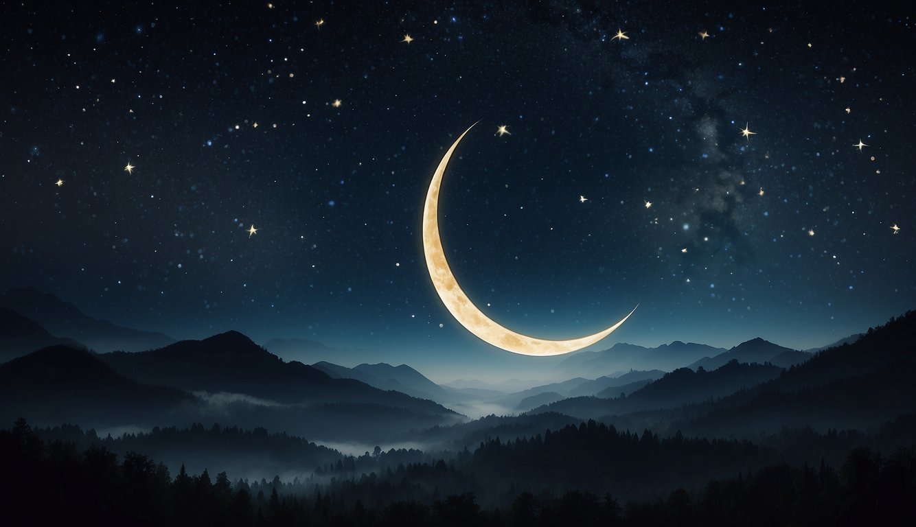 A serene night sky with a crescent moon and scattered stars, surrounded by swirling wisps of mist, evoking a sense of mystery and introspection