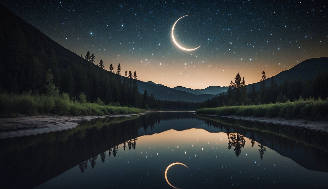 A serene landscape with a starry night sky, a crescent moon, and a peaceful flowing river, symbolizing the mysterious and spiritual nature of dreaming and the struggle to remember its deeper meaning