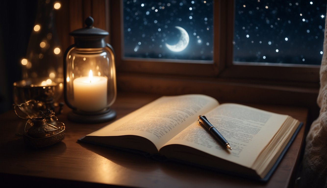 A serene night sky with a crescent moon and twinkling stars. A dream journal and pen sit on a bedside table, surrounded by calming crystals and a soft glow from a nearby candle