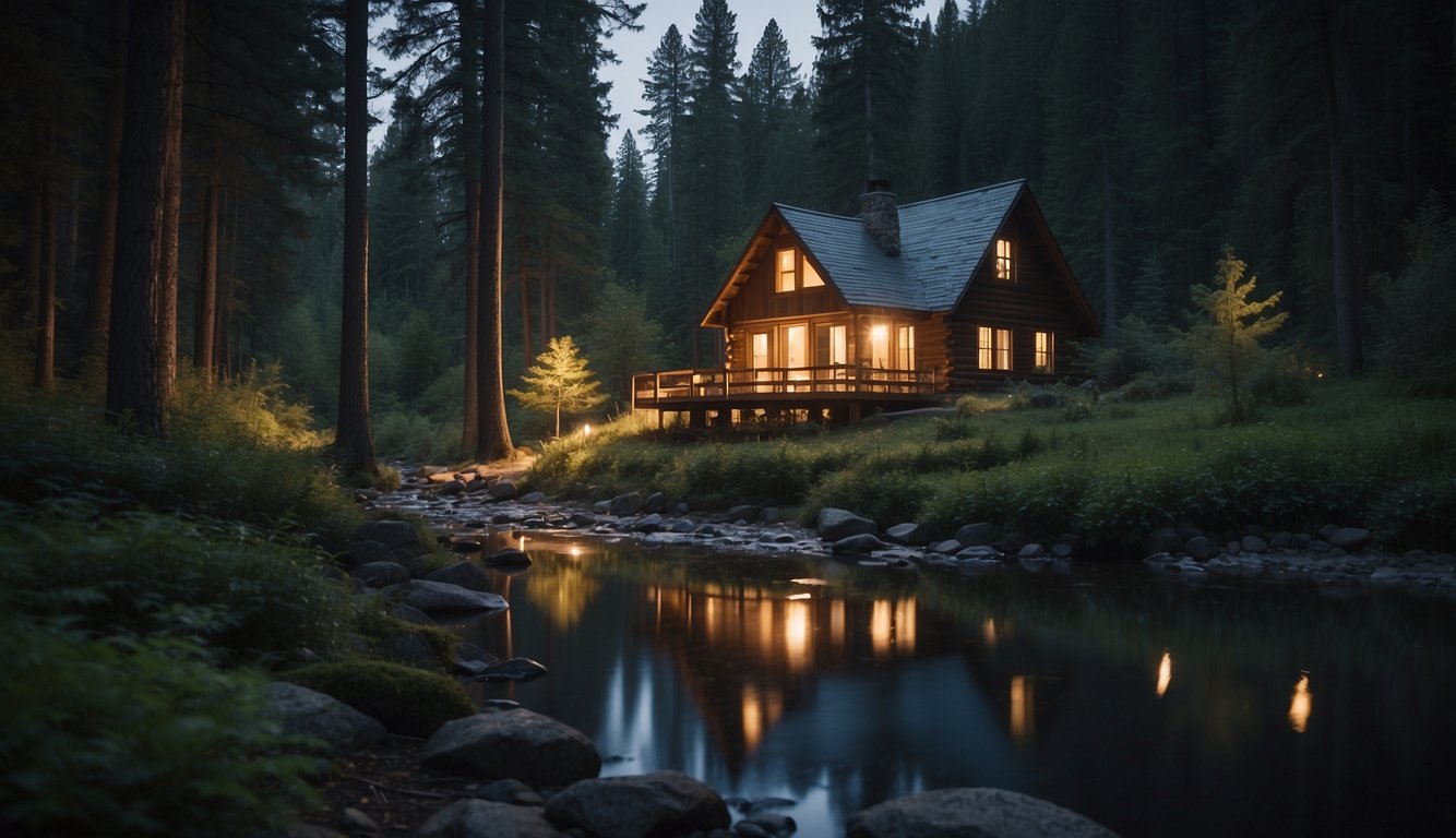 A serene forest with a clear night sky, a cozy cabin nestled among the trees, a gentle stream flowing nearby, and a soft glow of moonlight illuminating the surroundings