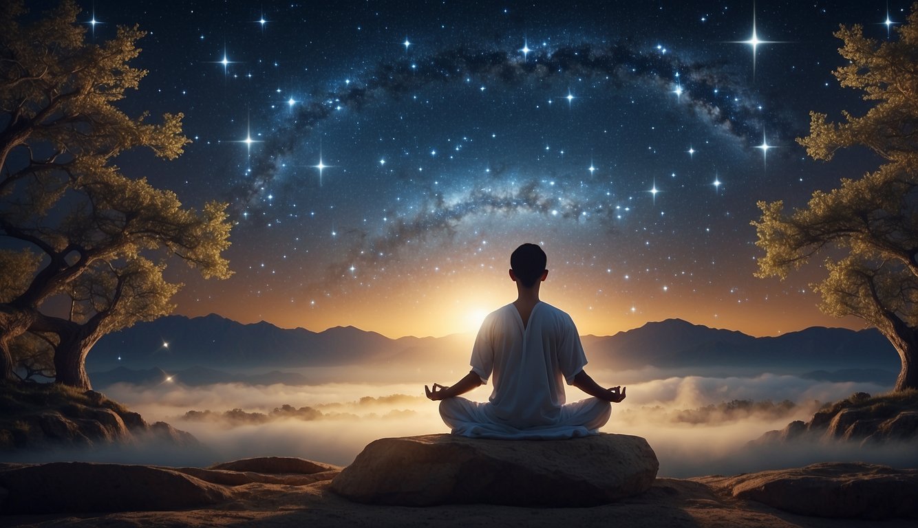 A serene figure meditates under a starry sky, surrounded by symbols of dreams and spirituality. A gentle glow emanates from within, symbolizing a deep spiritual connection to the mysteries of dreams