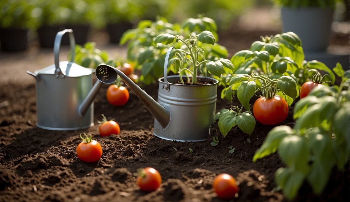 Tomato plants on a sunny garden bed, with a watering can and fertilizer nearby. A calendar or schedule indicating feeding times