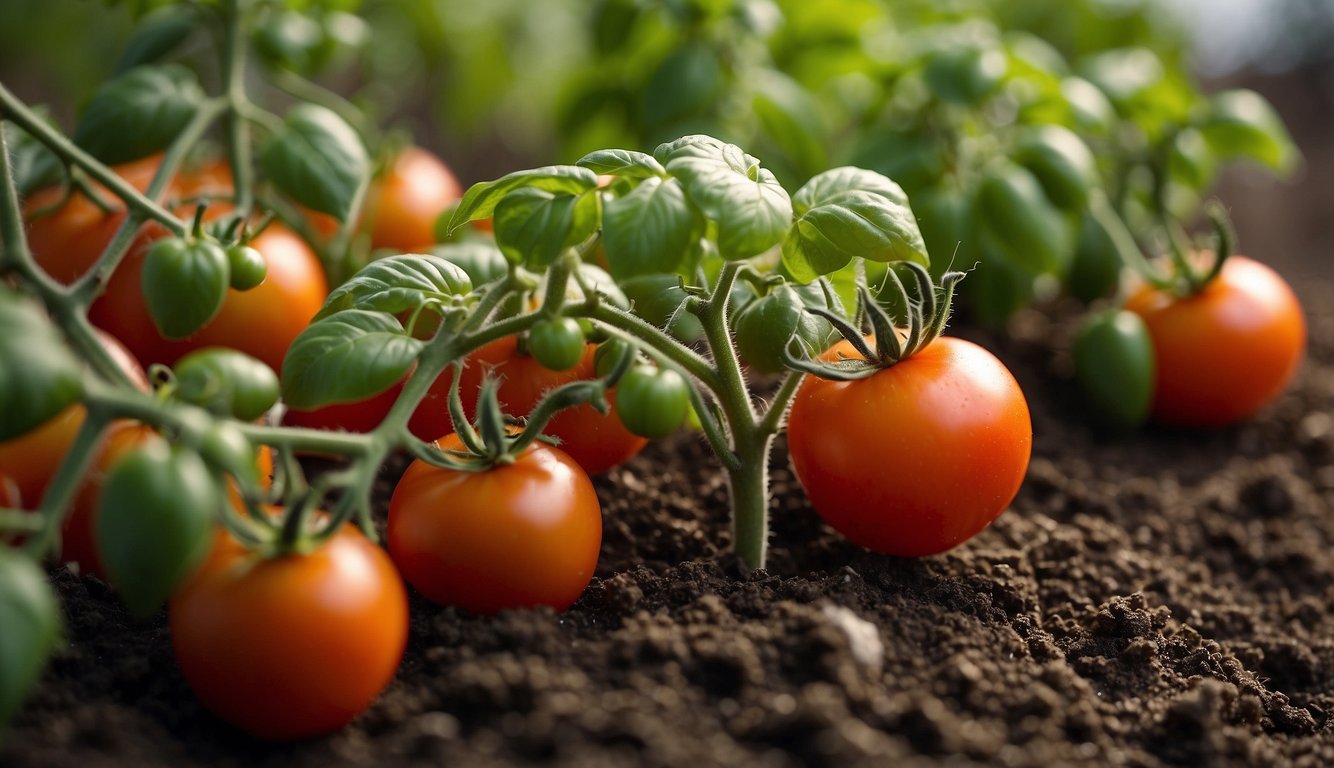 A variety of fertilizers surround a healthy tomato plant. A schedule indicates regular feedings