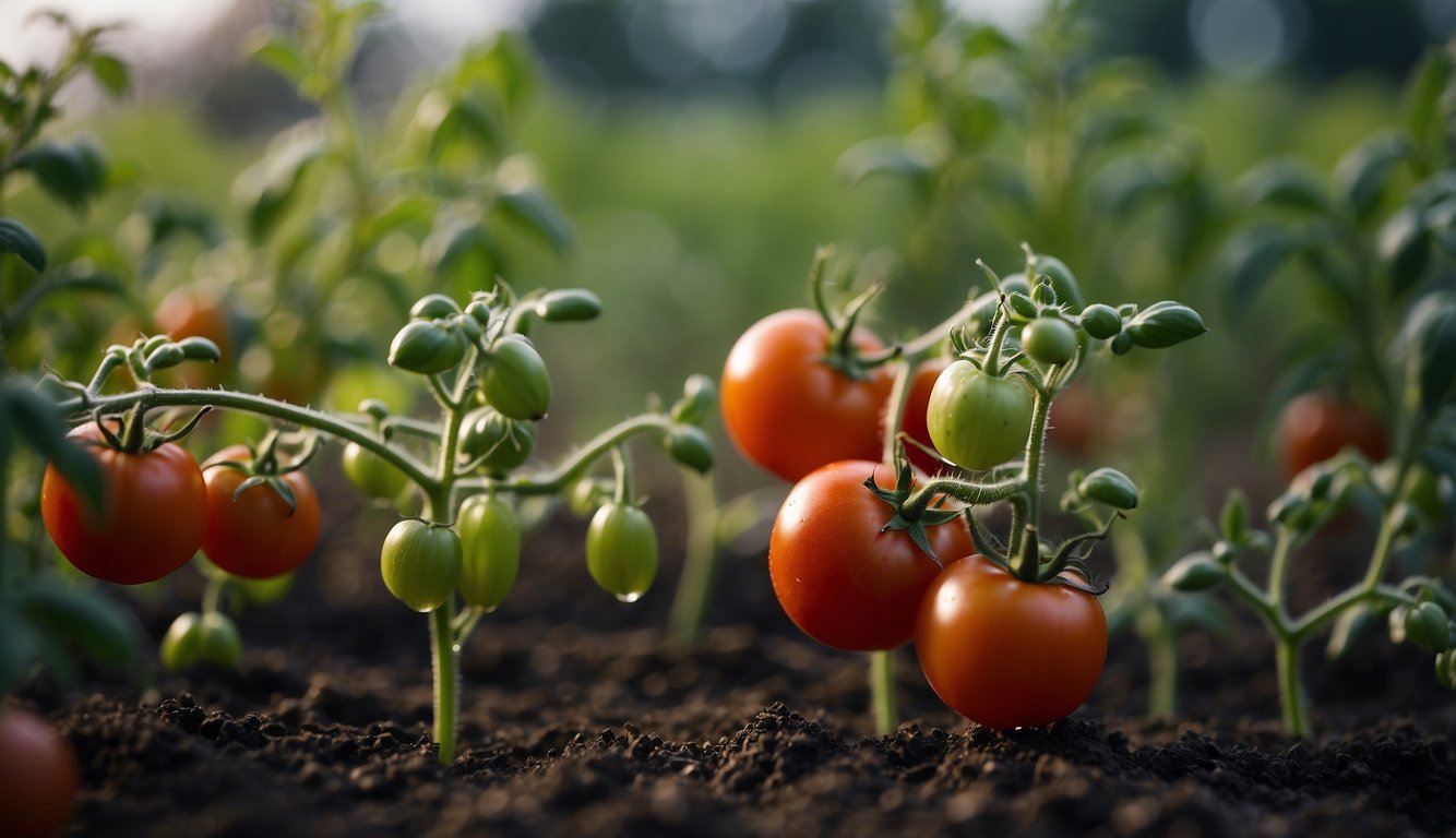A tomato plant being watered and fertilized according to a feeding schedule