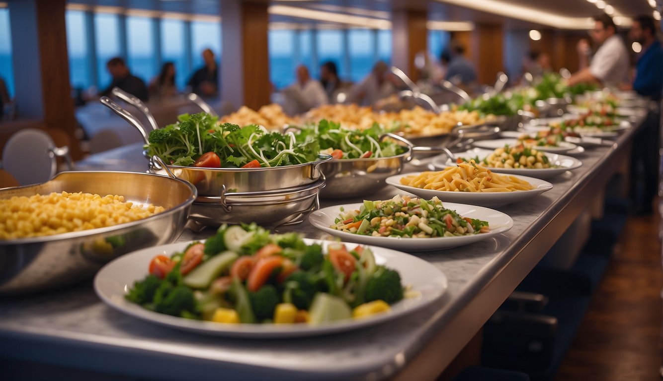 A cruise ship with a buffet of colorful, plant-based dishes. The dining area is filled with happy passengers enjoying their vegan-friendly meals