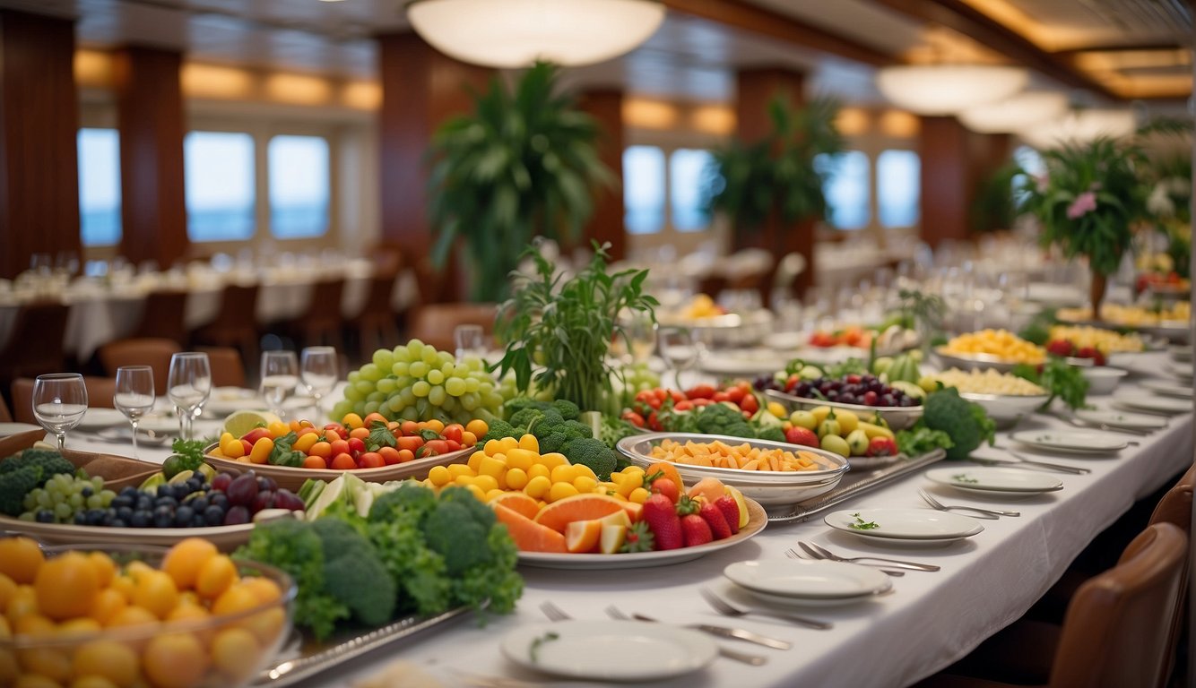 A cruise ship's dining area features a colorful array of plant-based dishes, with fresh fruits and vegetables displayed on a buffet table