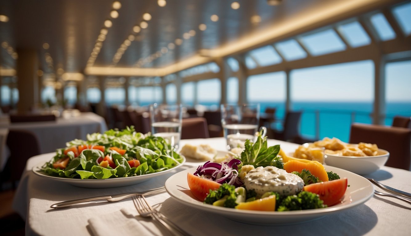 A cruise ship with a banner advertising "Vegan Dining Options" and a menu featuring plant-based dishes