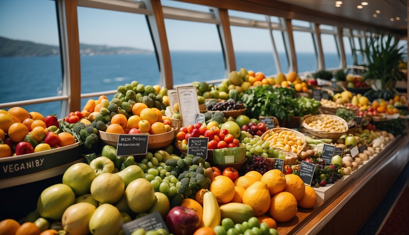 A cruise ship with colorful banners advertising "Vegan-Friendly Menus" and a variety of fresh fruits, vegetables, and plant-based dishes on display