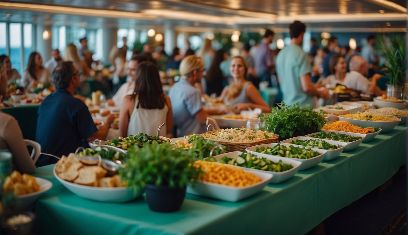 A cruise ship with a lush, green plant-based buffet spread, surrounded by happy vegan passengers enjoying their meals