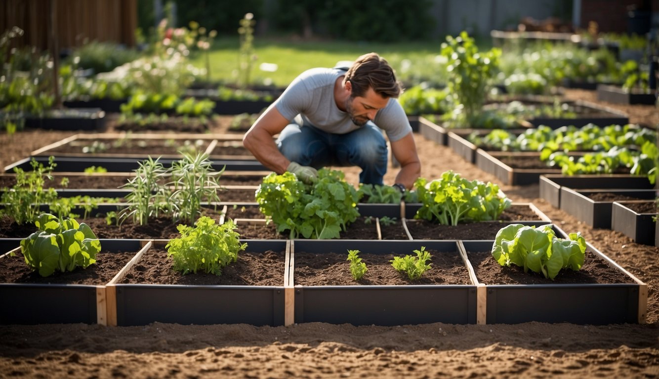 A grid of raised garden beds, each divided into square foot sections, with labeled rows of vegetables and herbs. A gardener kneels nearby, arranging seed packets and tools
