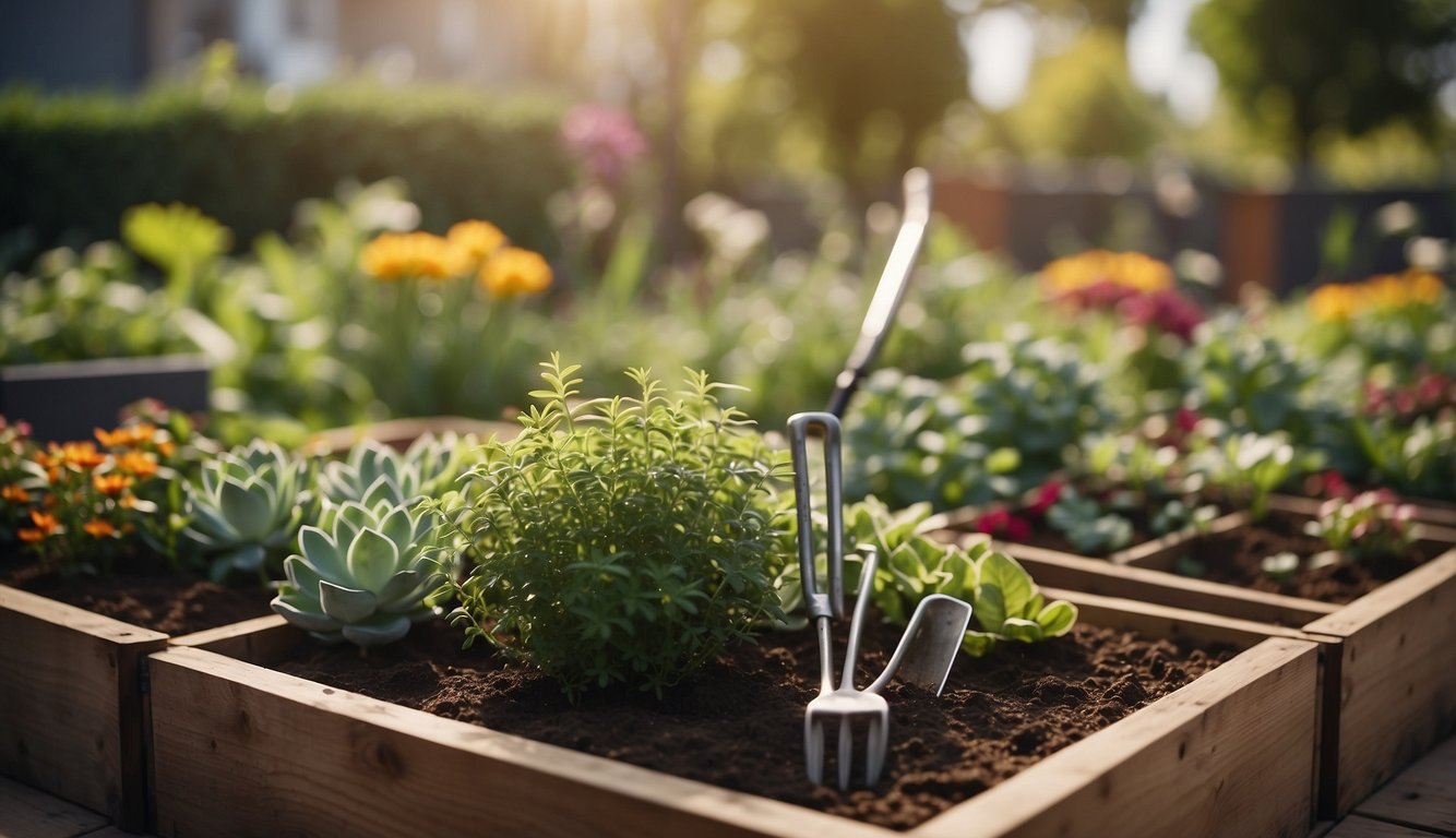 A garden bed with grids, various plants, and gardening tools