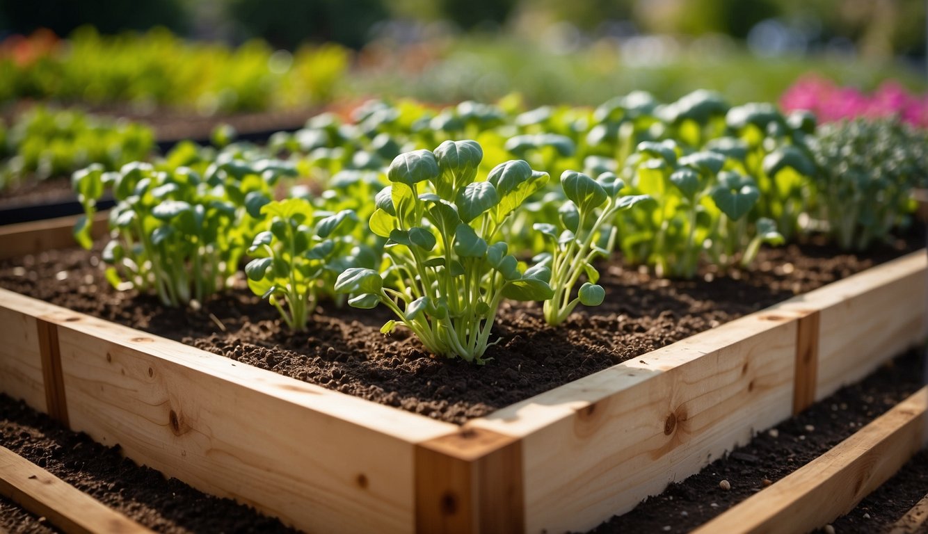 A square foot garden is being carefully planned and planted with advanced techniques. Rows of vibrant vegetables and herbs fill the raised bed, maximizing space