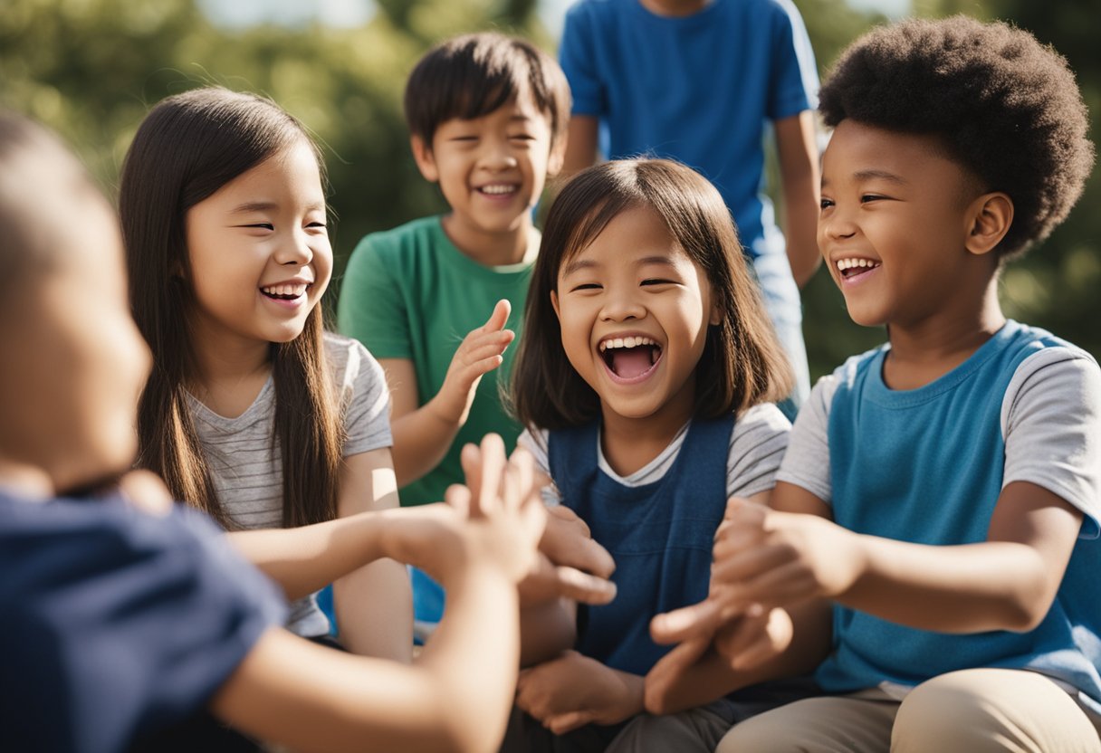 A group of diverse children engage in inclusive activities, celebrating International Down Syndrome Day. They play, learn, and interact with joy and camaraderie