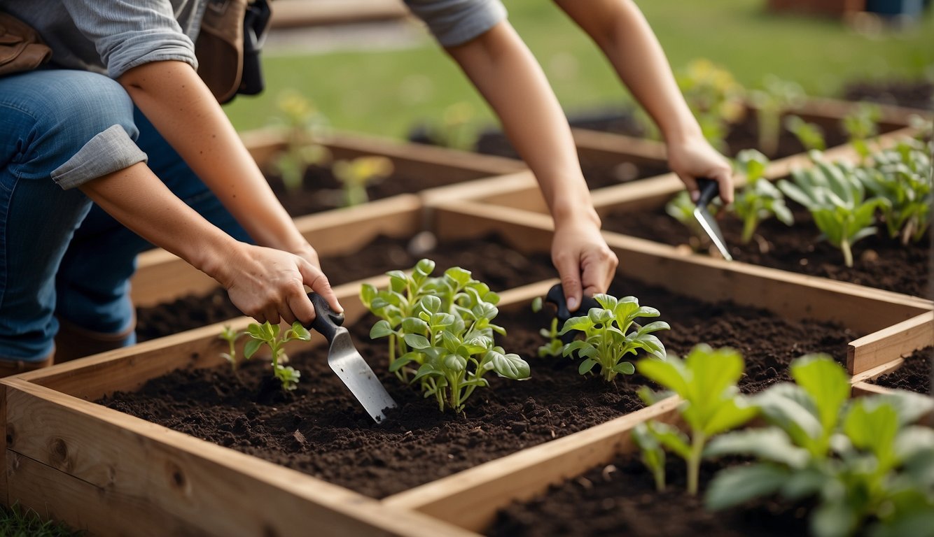 A person planting a square foot garden, surrounded by labeled plant beds and using a trowel to dig into the soil
