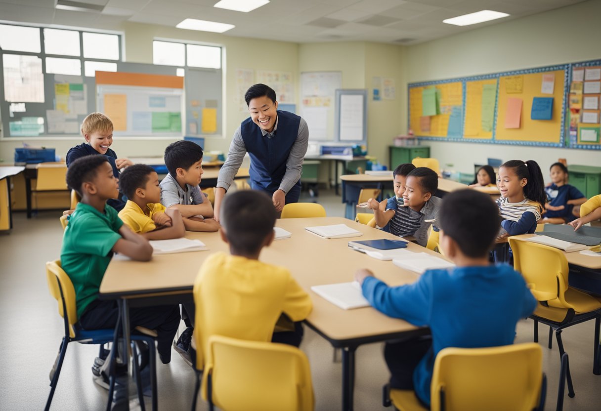 A classroom with diverse students learning about Down syndrome, with educational materials and supportive atmosphere