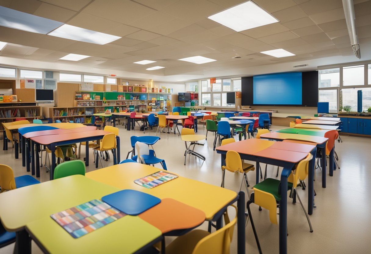 A classroom filled with colorful educational materials and diverse learning activities for International Down Syndrome Day