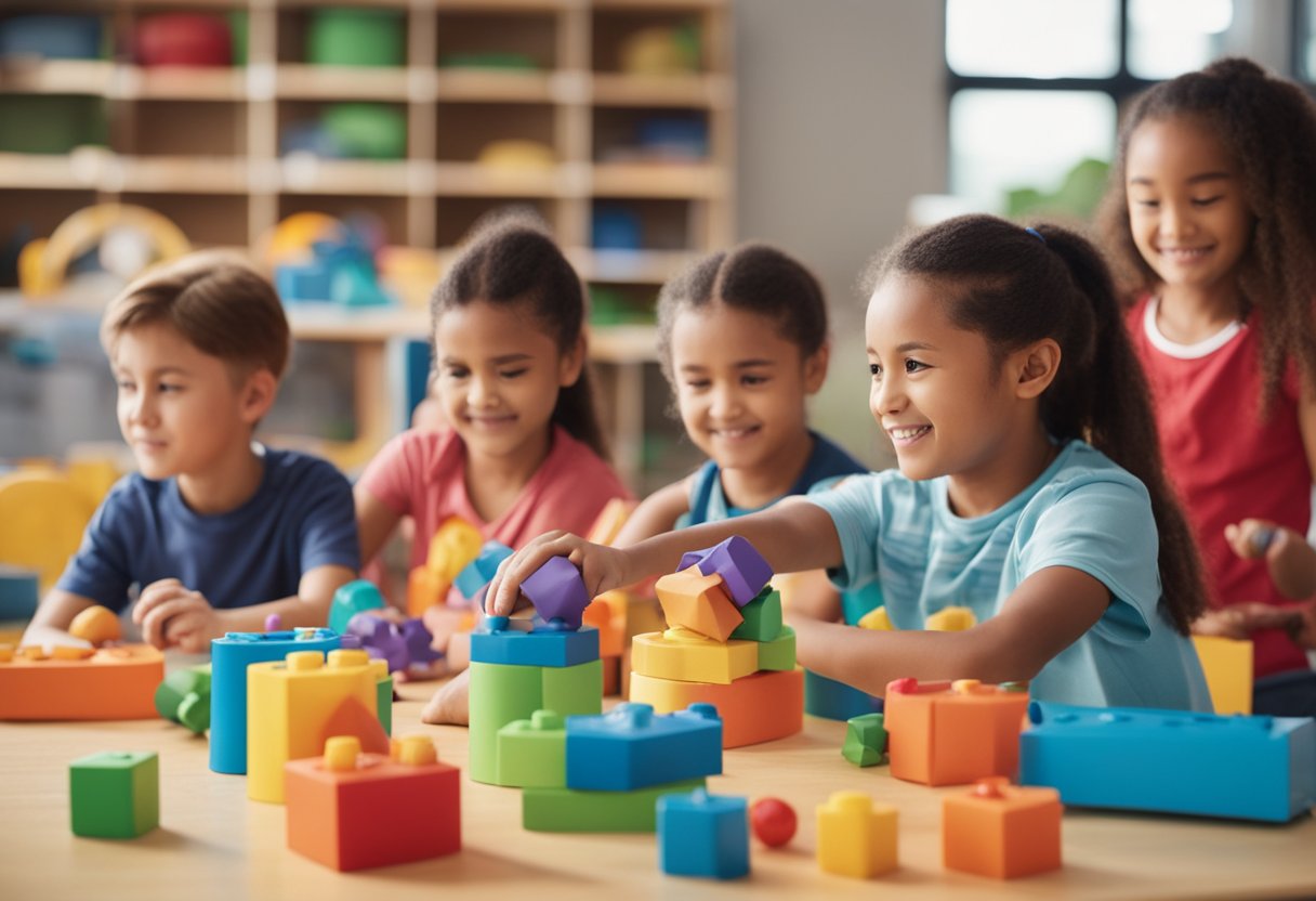 A group of children engaging in various motor skills and coordination activities in a classroom setting, with colorful props and equipment