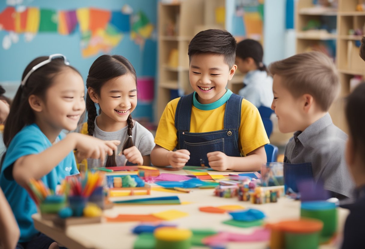 A colorful classroom with diverse art supplies and happy children creating art for International Down Syndrome Day