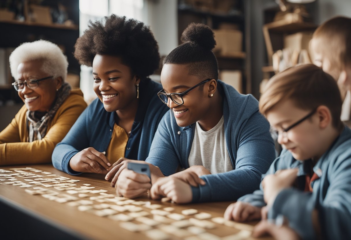 A group of diverse individuals collaborate on a project, surrounded by symbols of family and community. The scene is filled with energy and inclusivity, reflecting the spirit of the International Down Syndrome Day