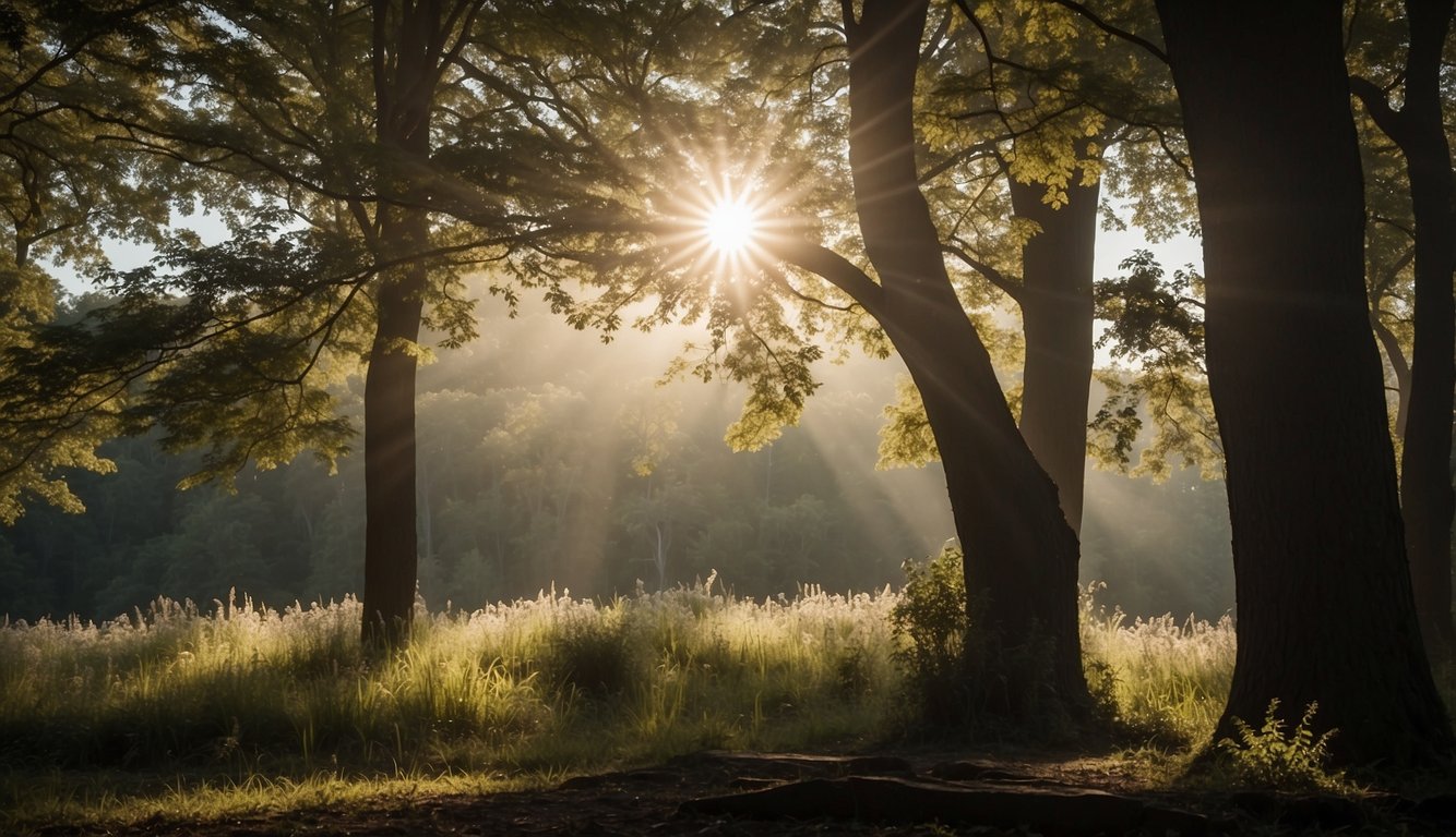 A beam of light shines down from the sky, illuminating a serene landscape. A gentle breeze blows through the trees, carrying the sound of birds singing. The scene exudes a sense of peace and tranquility, evoking a feeling of divine presence