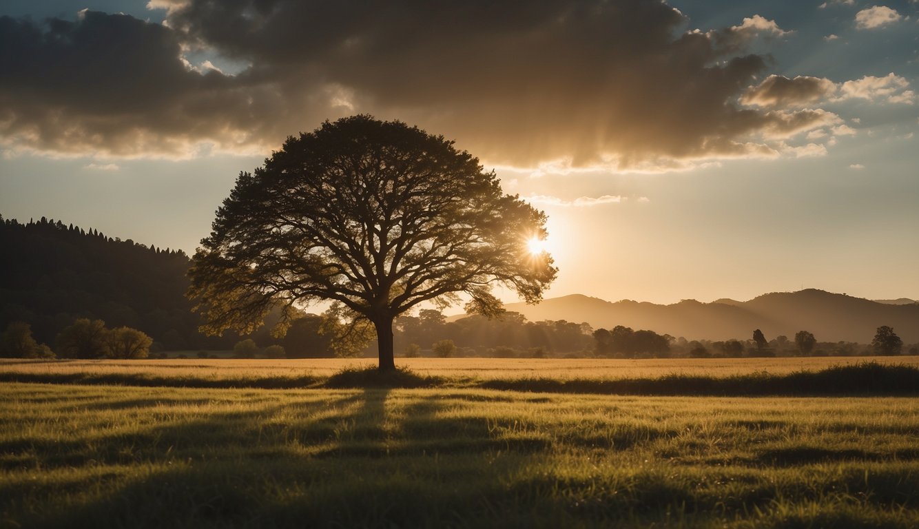 A serene landscape with a glowing sun breaking through the clouds, casting a warm light on a tranquil, idyllic scene. A lone tree stands tall, its branches reaching towards the sky, symbolizing hope and faith