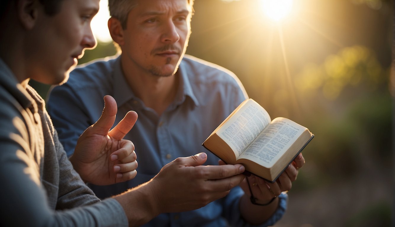 A person holds a Bible, pointing to a verse. Another person listens intently, with a curious expression. Rays of light shine down, symbolizing enlightenment and spiritual guidance