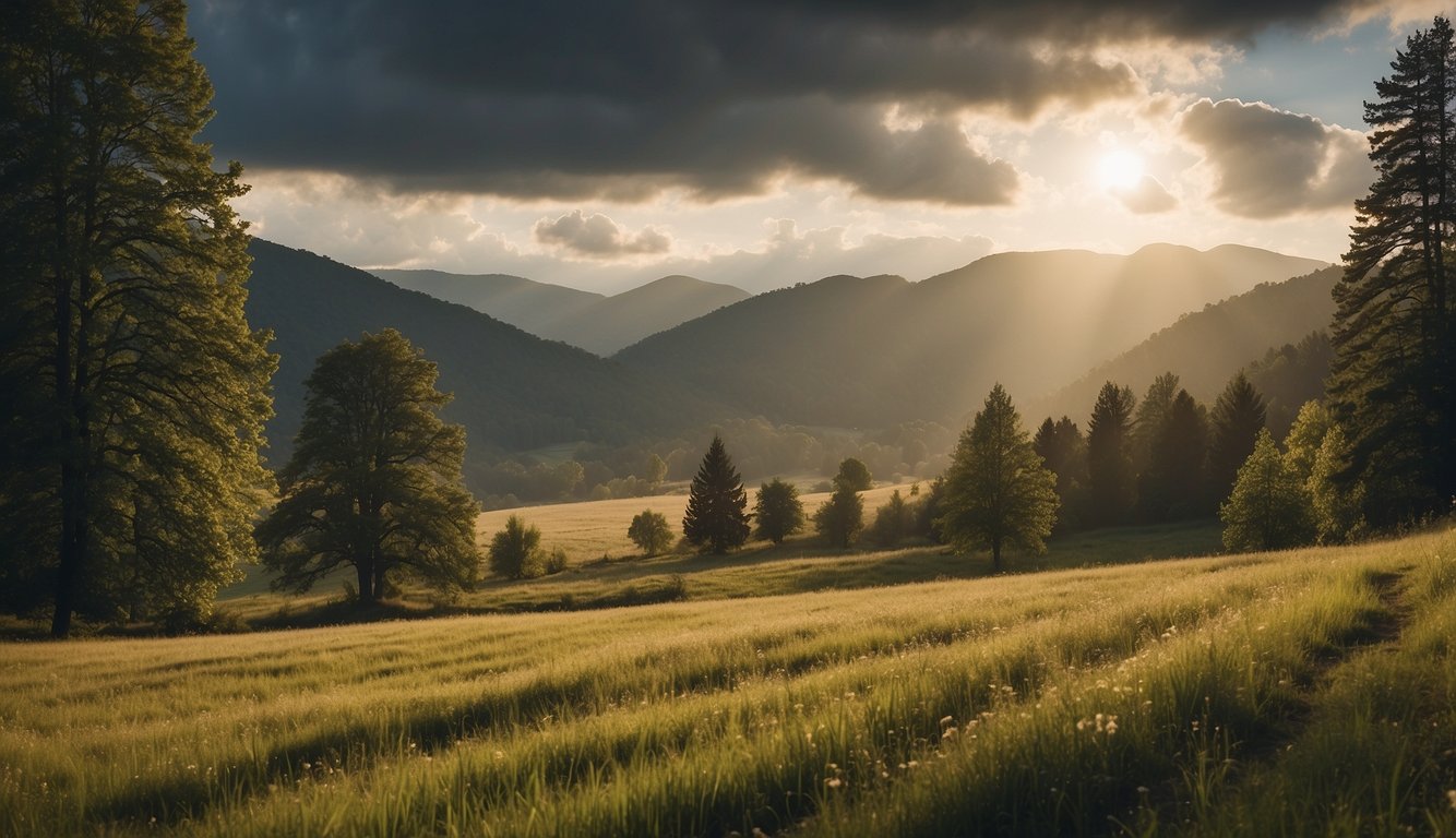 A serene landscape with a beam of light breaking through the clouds, illuminating a peaceful meadow. A sense of awe and wonder fills the air, evoking a feeling of spiritual connection