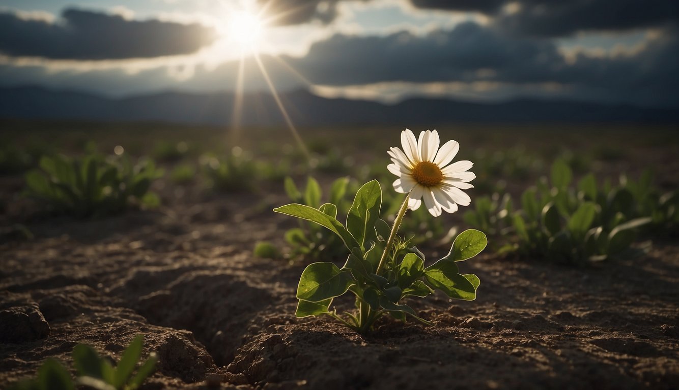 A beam of light breaks through dark clouds, illuminating a path through the uncertainty. A single flower blooms amidst the barren landscape, symbolizing hope and faith
