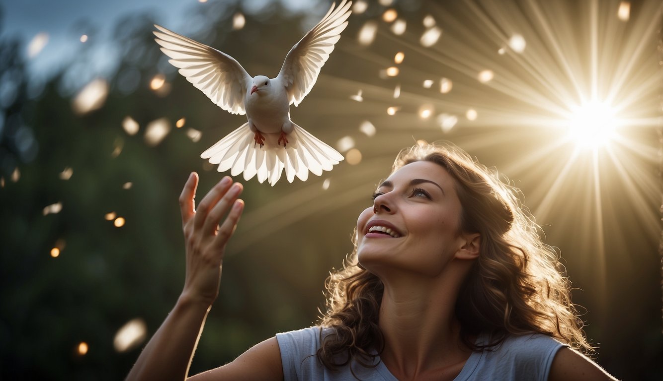 A dove hovers above a person's head, emitting rays of light. The person looks up in awe, as if being filled with a sense of peace and understanding