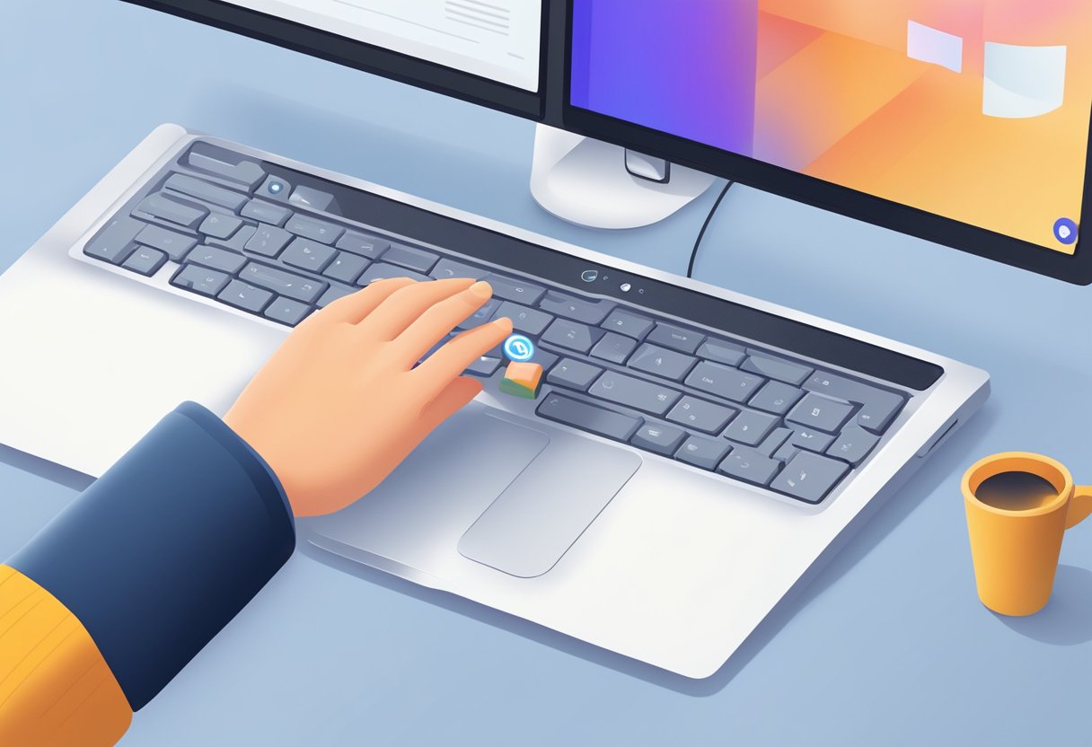 A computer screen displaying a Windows 11 desktop with a mail app icon. A hand reaches for the mouse, clicking on the app to open it