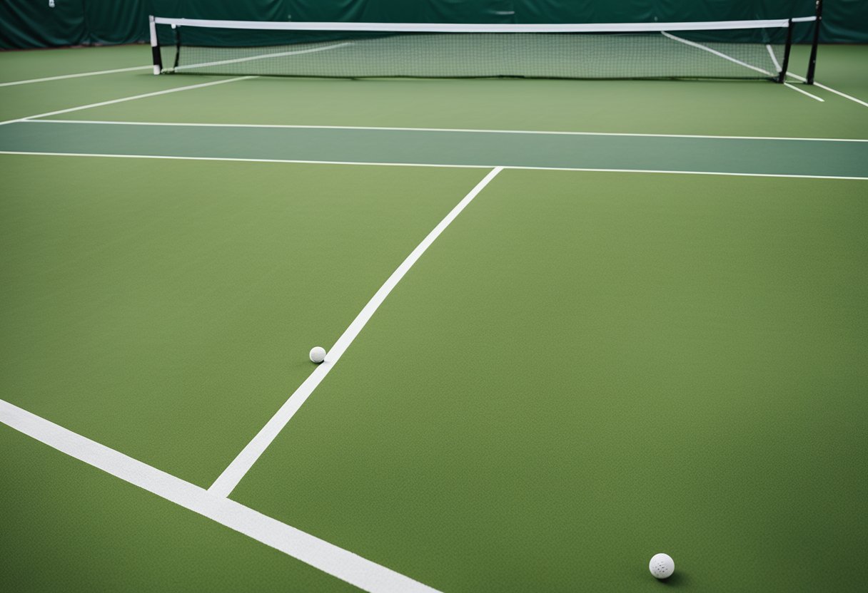The grass court is marked with white lines, a net stretches across the middle. A pickleball and paddles lay on the ground