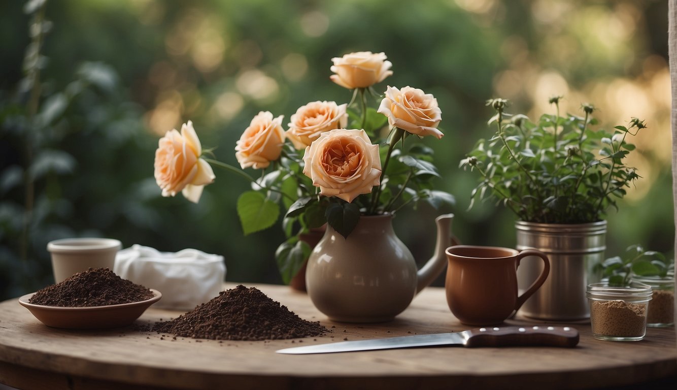 A table with a vase of fresh roses, a sharp knife, and small pots filled with soil. A pair of gardening gloves and a packet of rooting hormone nearby
