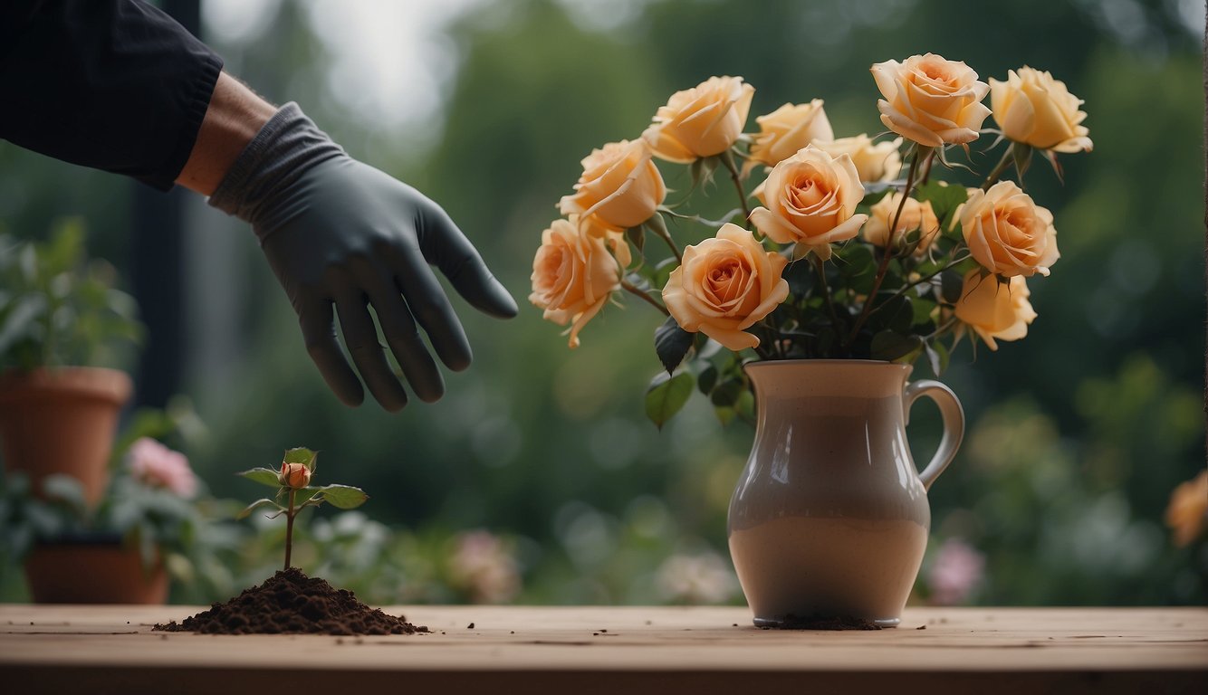 A vase of cut roses wilting. A nearby pot with soil and a pair of gardening gloves. A hand reaching for the wilted roses, then planting the stems in the soil