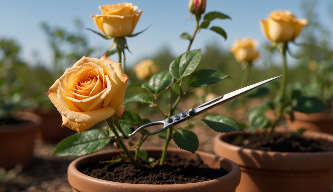 A pair of scissors cuts a healthy rose stem at a 45-degree angle. The stem is then dipped in rooting hormone and planted in a pot of well-draining soil