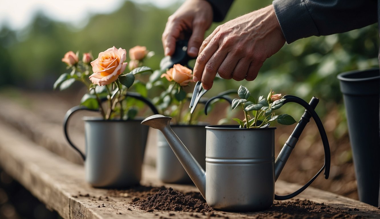 A pair of hands holding a fresh rose stem, a pair of pruning shears, a small pot filled with soil, and a watering can nearby