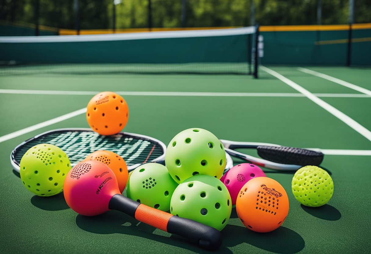 Pickleball equipment laid out on grass court with net and boundary lines. Paddles, balls, and proper footwear visible
