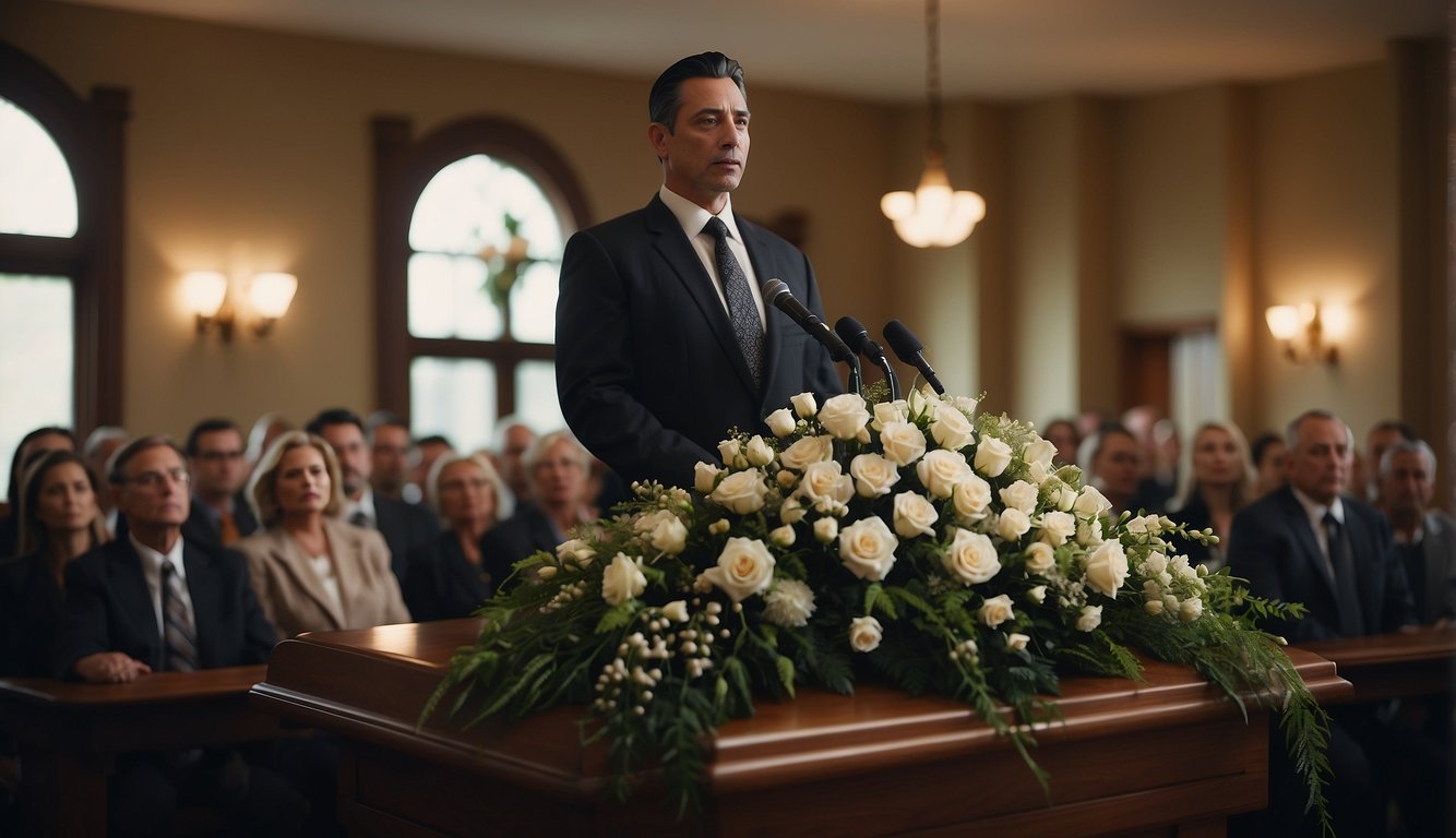 A somber crowd gathers in a dimly lit funeral parlor. A preacher stands at a podium, sharing words of hope and comfort from the Gospel. Flowers and photos adorn the room