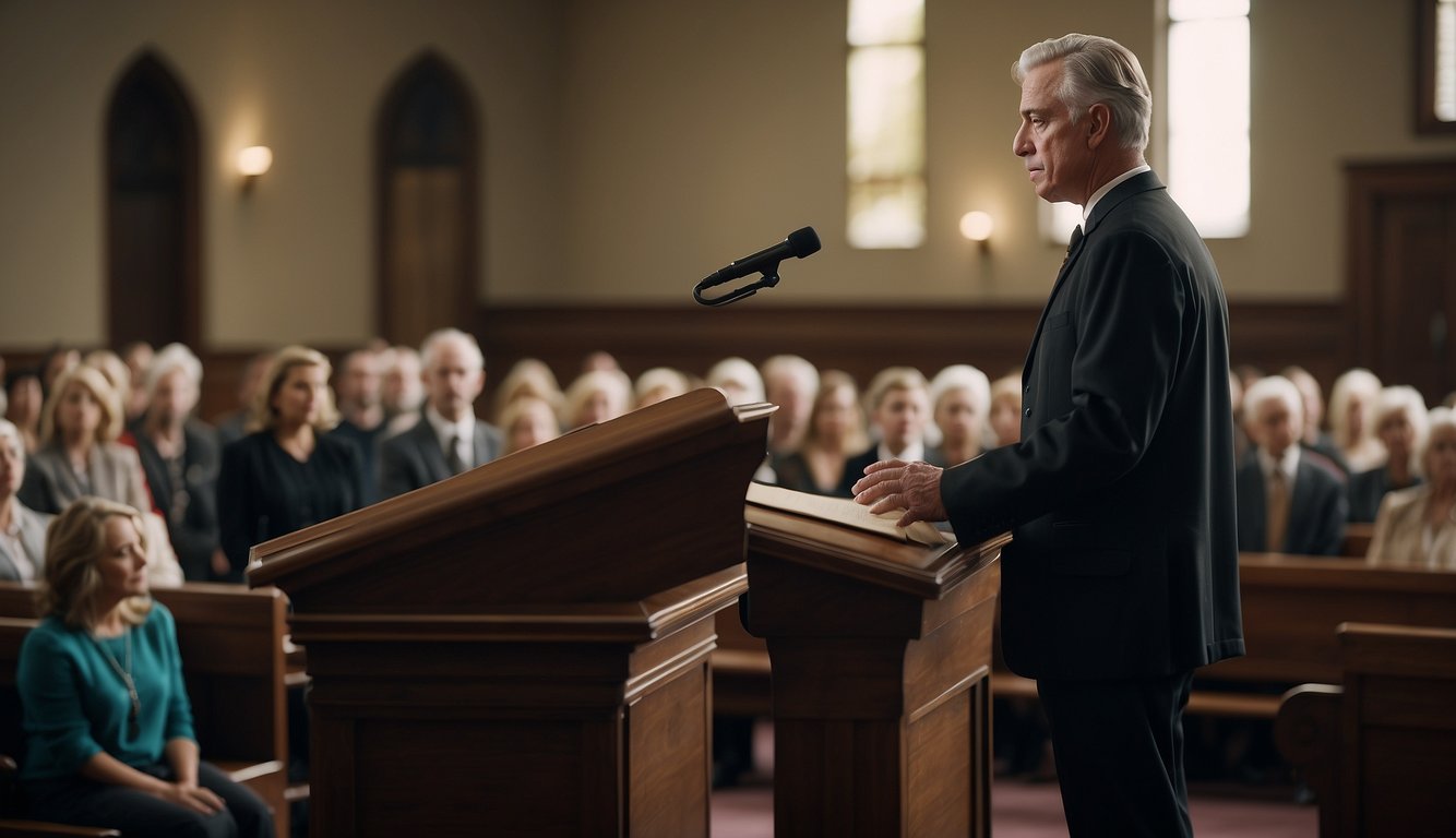 A preacher stands at a pulpit, speaking to a somber audience. The atmosphere is solemn, with mourners listening attentively as the preacher delivers a message of hope and comfort
