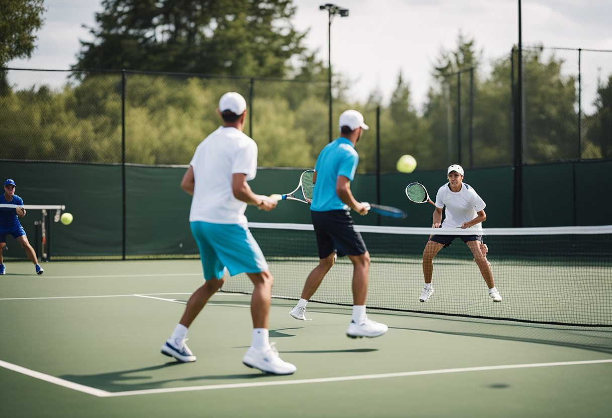 Players hitting pickleball on grass court with modified rules. Fast-paced action and strategic plays