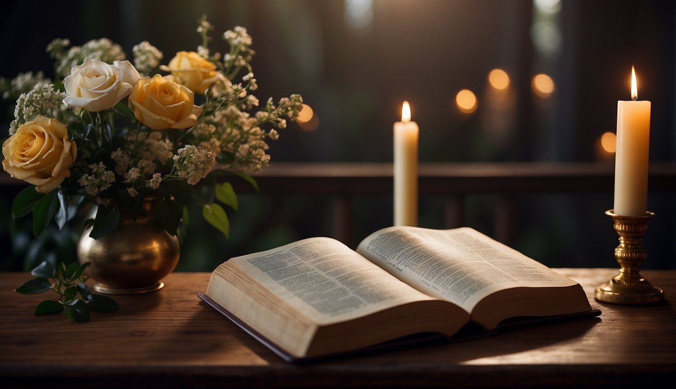 A podium with a Bible, a cross, and a candle. A somber atmosphere with flowers and dim lighting. A sense of reverence and solemnity