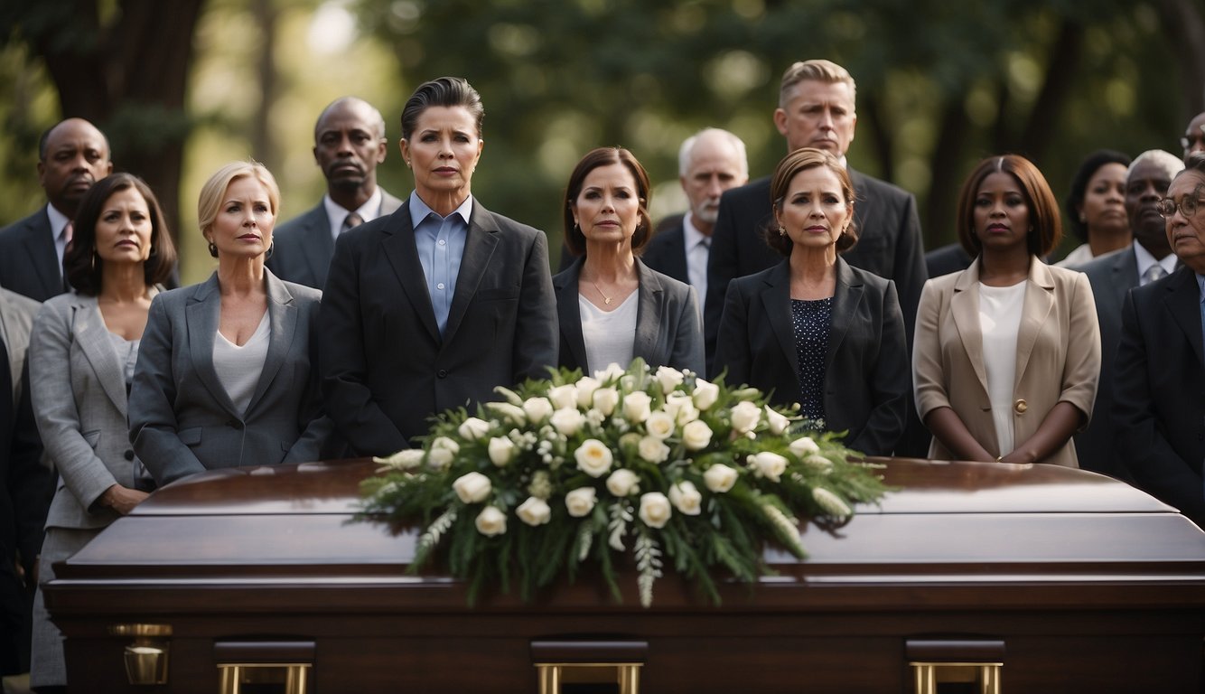 A somber group gathers around a casket as a preacher delivers a heartfelt sermon, sharing the message of hope and comfort with those in attendance