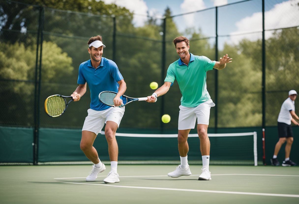 Players on a grass court, using proper equipment and following safety guidelines, engage in a game of pickleball with focus and enjoyment