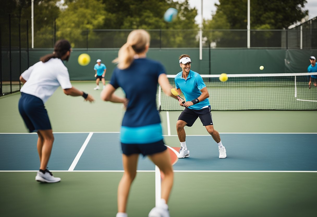 Players engaging in a lively game of pickleball on a grass court, with colorful paddles and a vibrant, competitive atmosphere