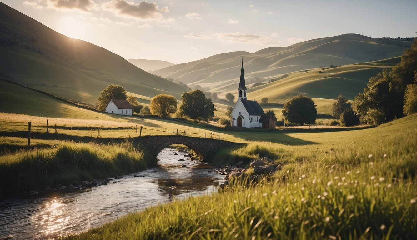 A peaceful countryside setting with a small church in the background, surrounded by rolling hills and a gentle stream, evoking a sense of tranquility and spiritual reflection