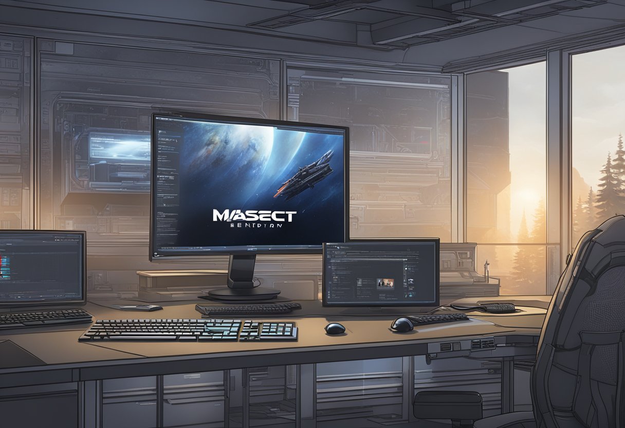 The scene shows a computer with Mass Effect Legendary Edition displayed on the screen. System requirements are listed below, including processor, memory, and storage specifications